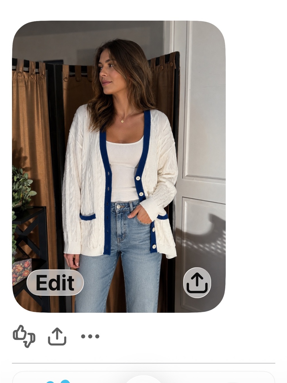 Elegant White Cardigan with Navy Trim